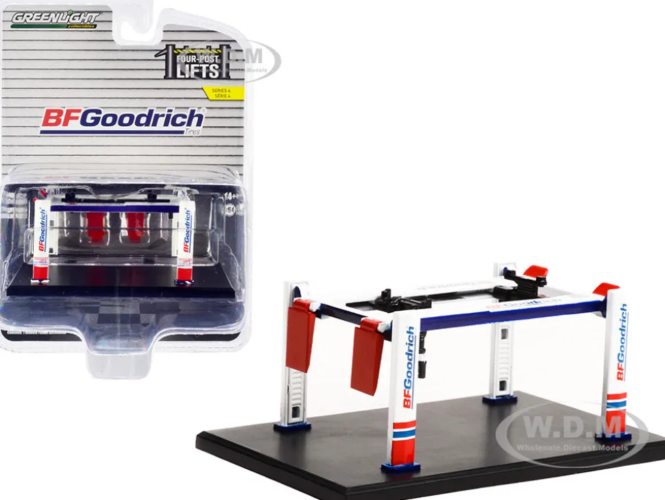 Adjustable Four-Post Lift BFGoodrich White Red Four-Post Lifts Four-Post Lifts Series 4 1/64 Diecast Model Greenlight 16150B