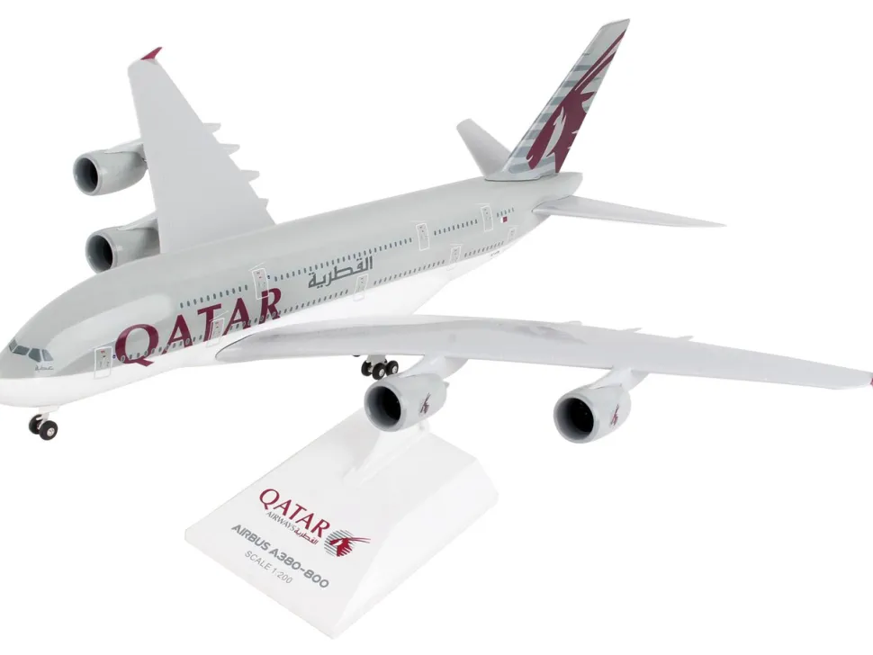 Airbus A380 Commercial Aircraft "Qatar Airways" (A7-APA) Gray with Tail Graphics (Snap-Fit) 1/200 Plastic Model by Skymarks