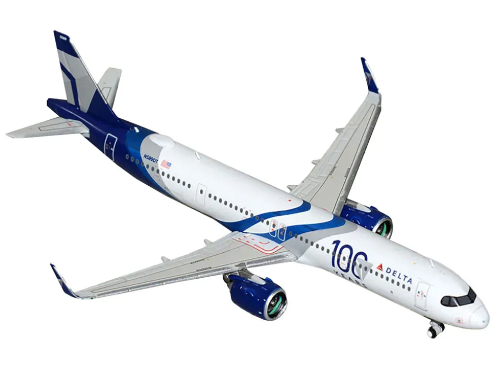 Airbus A321neo Commercial Aircraft "Delta Air Lines 100 Years" (N589DT) White and Blue with Stripes 1/400 Diecast Model Airplane by GeminiJets