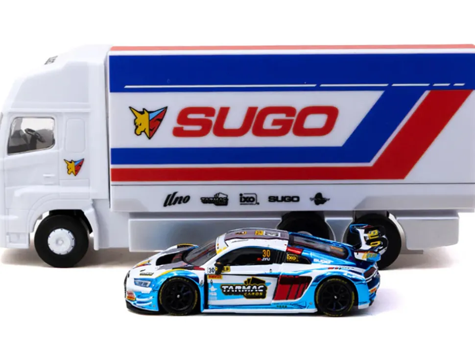 Audi R8 LMS GT3 evo II #30 James Yu "Uno Racing Team" "Macau GT Cup - FIA GT World Cup" (2024) with Plastic Transporter Packaging and Collectible Tarmac Cards "Hobby64" Series 1/64 Diecast Model Car by Tarmac Works