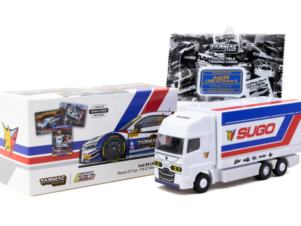 Audi R8 LMS GT3 evo II #30 James Yu "Uno Racing Team" "Macau GT Cup - FIA GT World Cup" (2024) with Plastic Transporter Packaging and Collectible Tarmac Cards "Hobby64" Series 1/64 Diecast Model Car by Tarmac Works