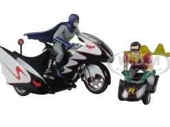 1966 Batcycle Elite Edition and Side Car with Batman and Robin Figures 1/12 Diecast Model Hot Wheels CMC85