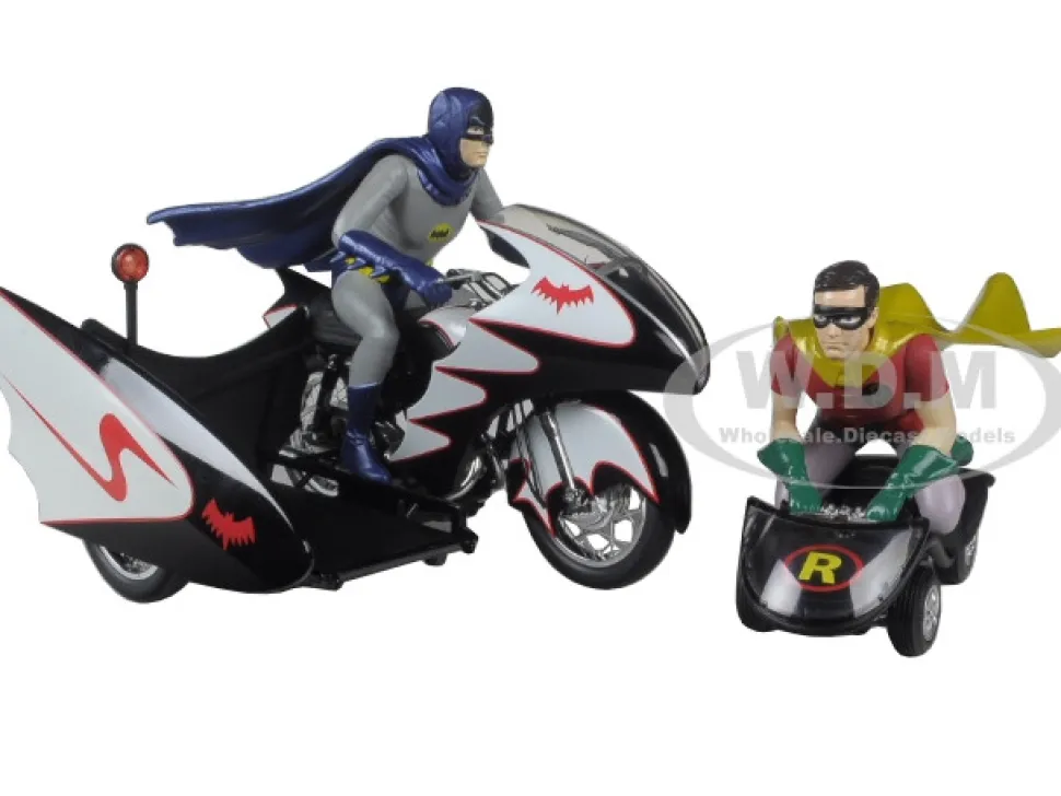 1966 Batcycle Elite Edition and Side Car with Batman and Robin Figures 1/12 Diecast Model Hot Wheels CMC85