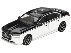 BMW i7 xDrive60 Dravit Alpine White and Black Sapphire Limited Edition 1/64 Diecast Model Car by Mini GT
