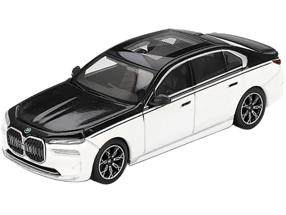 BMW i7 xDrive60 Dravit Alpine White and Black Sapphire Limited Edition 1/64 Diecast Model Car by Mini GT