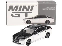 BMW i7 xDrive60 Dravit Alpine White and Black Sapphire Limited Edition 1/64 Diecast Model Car by Mini GT
