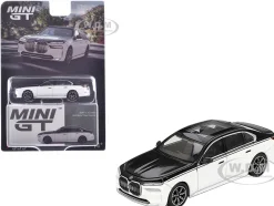 BMW i7 xDrive60 Dravit Alpine White and Black Sapphire Limited Edition 1/64 Diecast Model Car by Mini GT