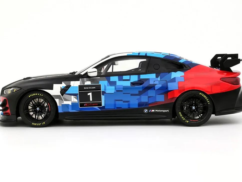 2024 BMW M4 GT4 #1 "M Motorsport Livery" Black and White with Red and Blue Graphics Limited Edition to 999 pieces Worldwide 1/18 Model Car by Otto Mobile