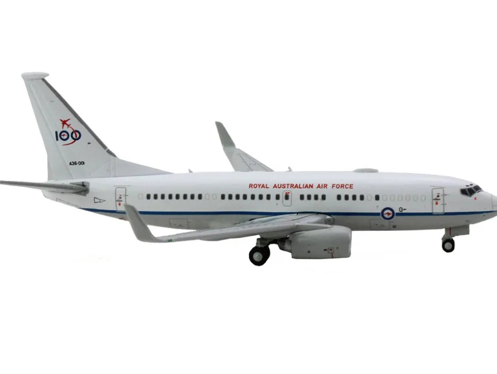 Boeing 737 700 Aircraft Royal Australian Air Force 100th Anniversary A36 001 White with Blue Stripes Gemini Macs Series 1/400 Diecast Model Airplane GeminiJets GM135