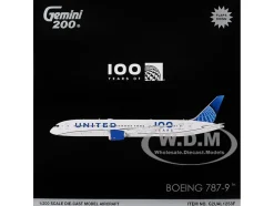 Boeing 787-9 Commercial Aircraft with Flaps Down "United Airlines 100 Years" (N61101) White with Graphics and Blue Tail "Gemini 200" Series 1/200 Diecast Model Airplane by GeminiJets