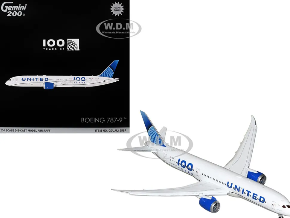 Boeing 787-9 Commercial Aircraft with Flaps Down "United Airlines 100 Years" (N61101) White with Graphics and Blue Tail "Gemini 200" Series 1/200 Diecast Model Airplane by GeminiJets