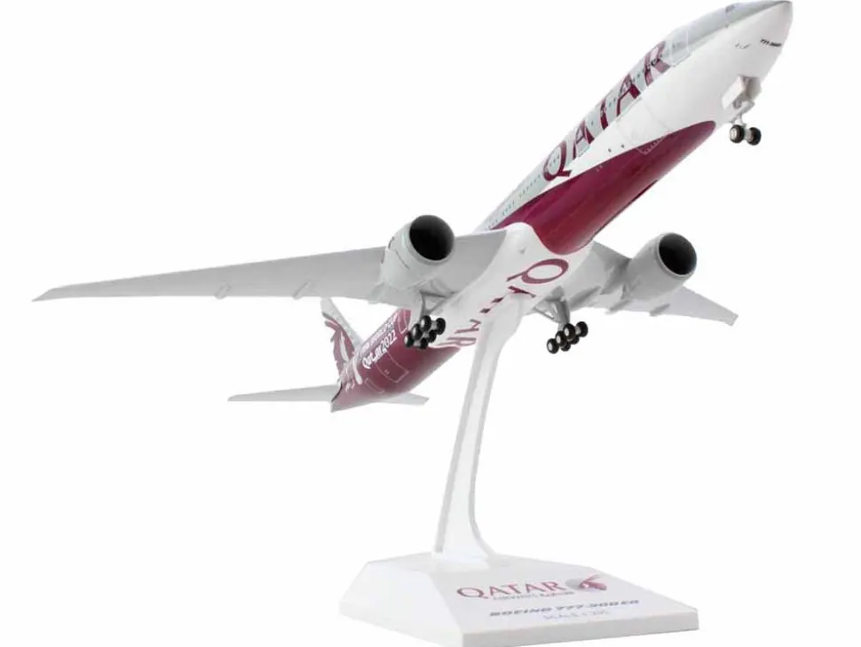 Boeing 777-300 Commercial Aircraft with Landing Gear "Qatar Airways - FIFA World Cup Qatar 2022" Gray and Dark Red (Snap-Fit) 1/200 Plastic Model by Skymarks