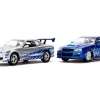 Brian's Nissan Skyline GT-R (BNR34) Silver with Blue Stripes and Nissan GT-R (BNR34) Blue Metallic Set of 2 pieces "25 Years of Fast & Furious" Series 1/32 Diecast Model Cars by Jada