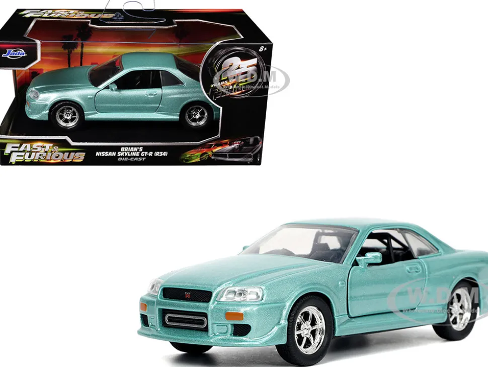 Brian's Nissan Skyline GT-R (BNR34) RHD (Right Hand Drive) Turquoise Metallic "Fast & Furious" Movie 1/32 Diecast Model Car by Jada