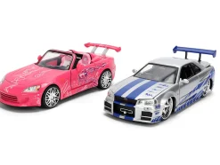 Brian's Nissan Skyline GT-R (R34) Silver Metallic with Blue Stripes and Suki's Honda S2000 Pink with Graphics Set of 2 Cars