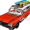 1959 Cadillac Eldorado Ambulance Red with White Top Malibu Beach Rescue Weathered with Surfboards on Roof Surf Shark 1/18 Diecast Model Car Auto World AW312