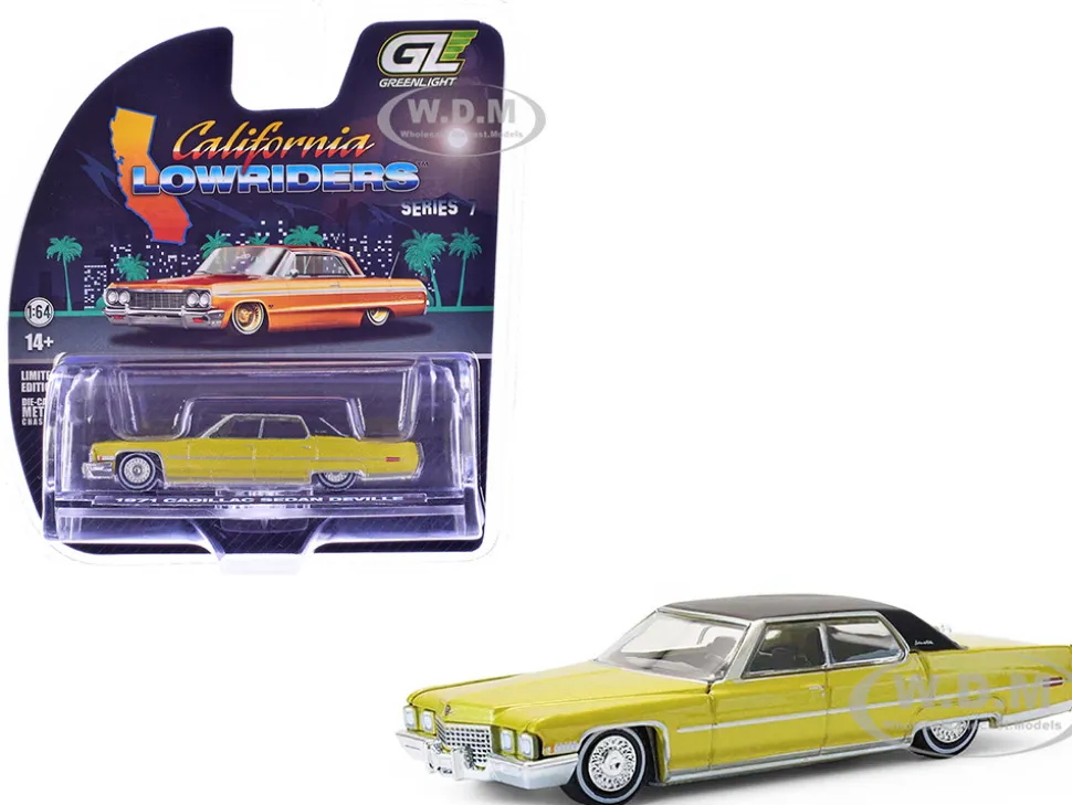 1971 Cadillac Sedan Deville Lowrider Gold Metallic with Black Top "California Lowriders" Series 7 1/64 Diecast Model Car by Greenlight