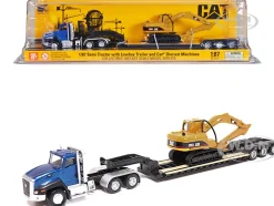 CAT Caterpillar CT660 Day Cab Tractor Blue Metallic with Lowboy Trailer and CAT 315C L Hydraulic Excavator Yellow 1/87 HO Diecast Model Diecast Masters 84415