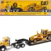 CAT Caterpillar CT660 Day Cab Tractor Yellow with Lowboy Trailer and CAT 163H Motor Grader Yellow 1/87 HO Diecast Model Diecast Masters 35179