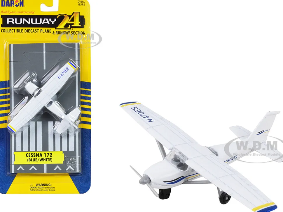 Cessna 172 Aircraft White with Blue and Yellow Stripes N470ES with Runway Section Diecast Model Airplane Runway24 RW065