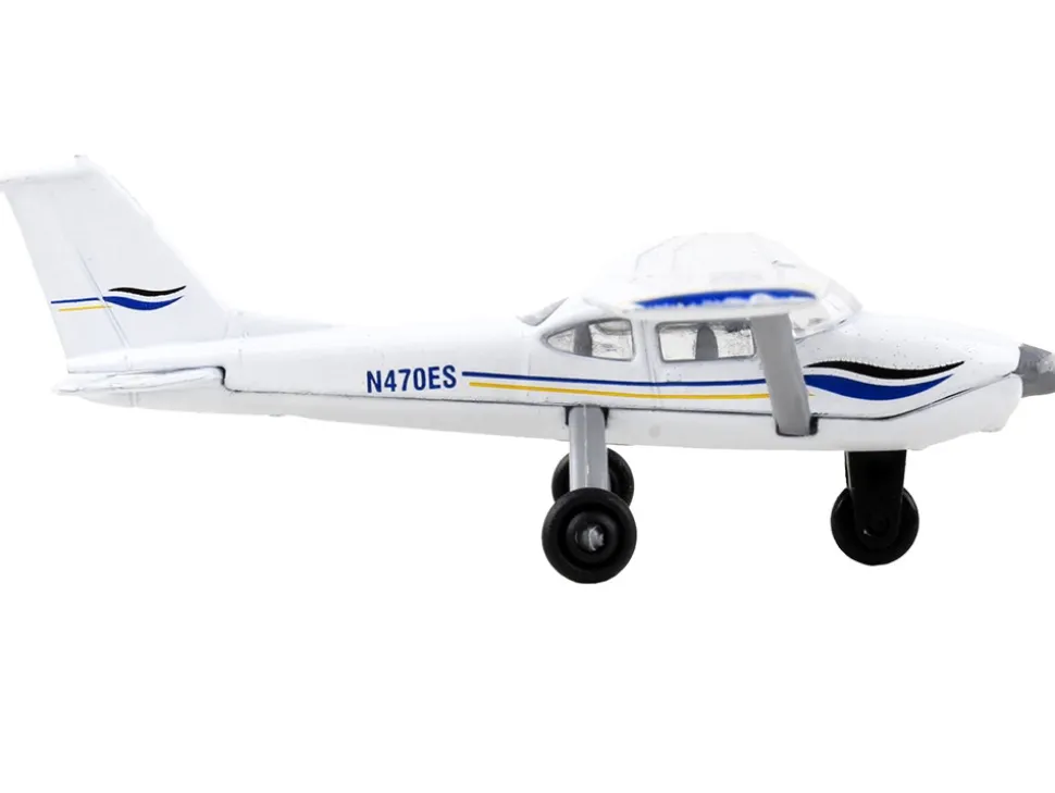 Cessna 172 Aircraft White with Blue and Yellow Stripes N470ES with Runway Section Diecast Model Airplane Runway24 RW065