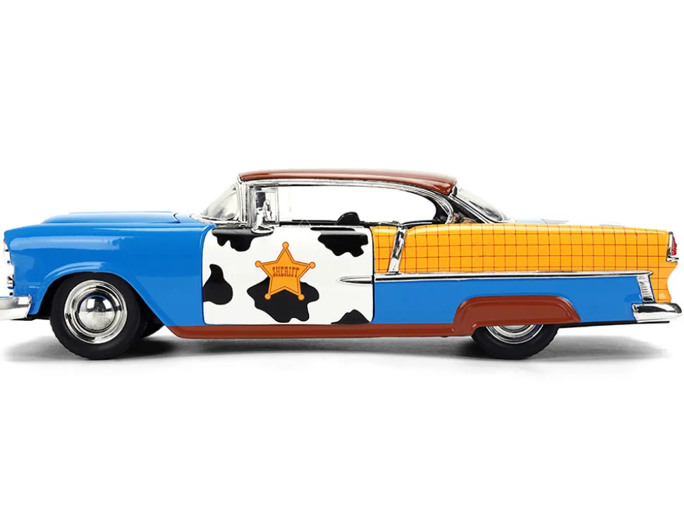 1955 Chevrolet Bel Air Blue with Graphics and Woody Diecast Figure "Toy Story" Franchise "Hollywood Rides" Series 1/24 Diecast Model Car by Jada