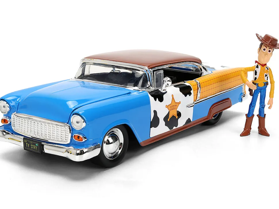1955 Chevrolet Bel Air Blue with Graphics and Woody Diecast Figure "Toy Story" Franchise "Hollywood Rides" Series 1/24 Diecast Model Car by Jada