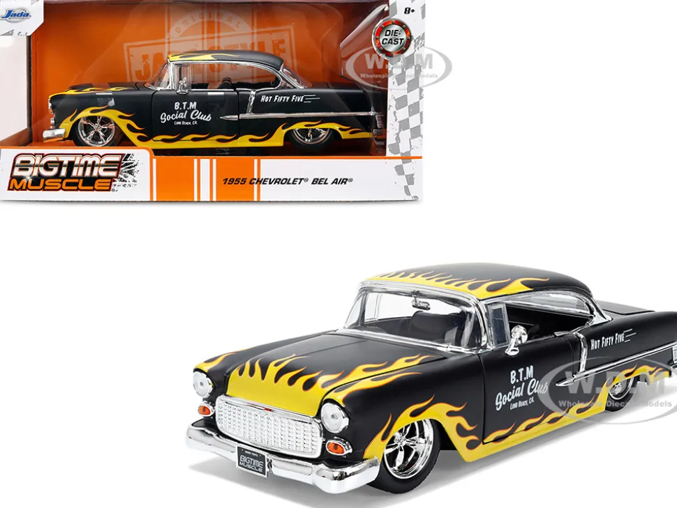 1955 Chevrolet Bel Air "BTM Social Club" Matt Black with Flames "Bigtime Muscle" Series 1/24 Diecast Model Car by Jada
