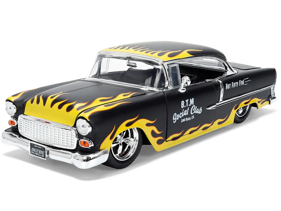 1955 Chevrolet Bel Air "BTM Social Club" Matt Black with Flames "Bigtime Muscle" Series 1/24 Diecast Model Car by Jada