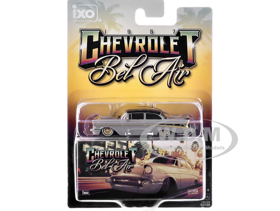 1957 Chevrolet Bel Air Lowrider Gray with Black Top and Gold Accents 1/64 Diecast Model Car by IXO Models