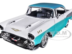 1957 Chevrolet Bel Air Lowrider Turquoise Metallic White Get Low Series 1/24 Diecast Model Car Motormax 79029
