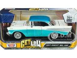 1957 Chevrolet Bel Air Lowrider Turquoise Metallic White Get Low Series 1/24 Diecast Model Car Motormax 79029