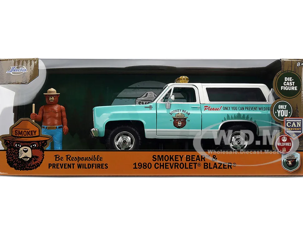 1980 Chevrolet Blazer Light Green with White Top and Graphics and Smokey Bear Diecast Figure "Smokey Bear" "Hollywood Rides" Series 1/24 Diecast Model by Jada