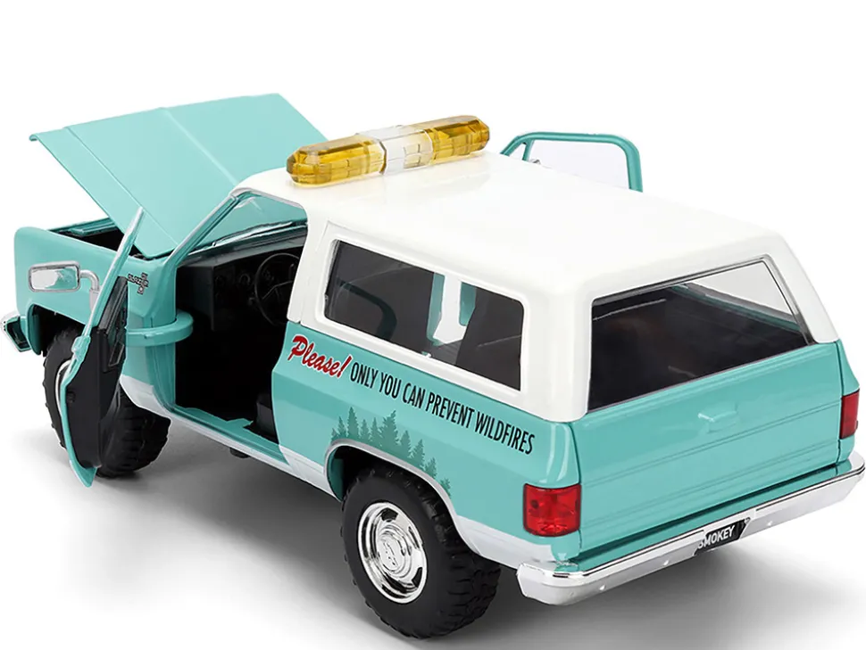 1980 Chevrolet Blazer Light Green with White Top and Graphics and Smokey Bear Diecast Figure "Smokey Bear" "Hollywood Rides" Series 1/24 Diecast Model by Jada