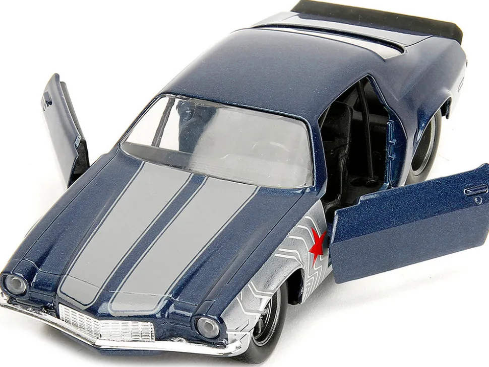 1973 Chevrolet Camaro Dark Blue Metallic with Gray Stripes and Winter Soldier Diecast Figure Marvel Avengers Hollywood Rides Series 1/32 Diecast Model Car Jada 33073