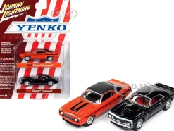 1969 Chevrolet Camaro Hugger Orange with Black Top and Stripes and 1967 Chevrolet Camaro Black with White Stripe and Red Interior Yenko Series Set of 2 Cars 1/64 Diecast Model Cars Johnny Lightning JLPK019-JLSP276B