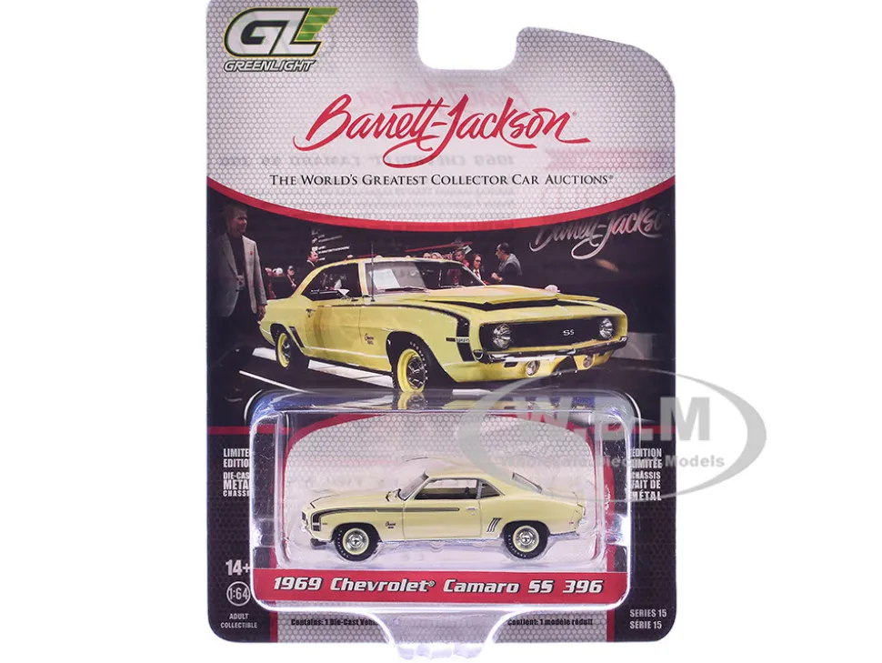 1969 Chevrolet Camaro SS 396 Butternut Yellow with Black Stripes "Barrett-Jackson" Series 15 1/64 Diecast Model Car by Greenlight