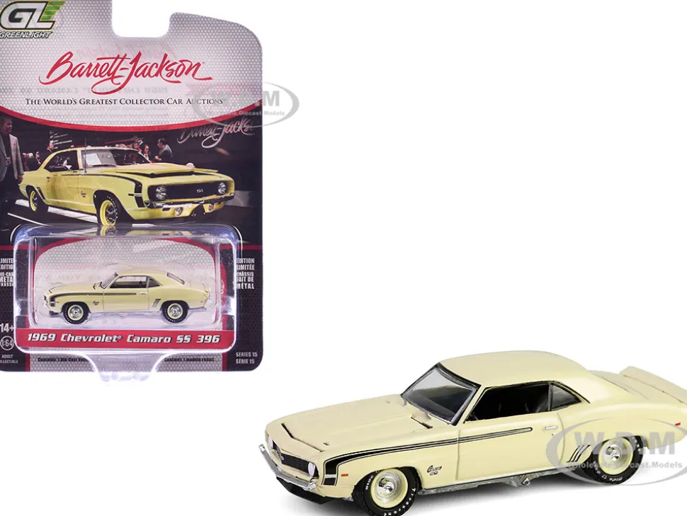 1969 Chevrolet Camaro SS 396 Butternut Yellow with Black Stripes "Barrett-Jackson" Series 15 1/64 Diecast Model Car by Greenlight