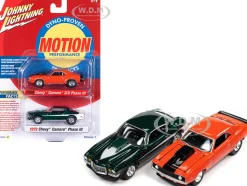 1969 Chevrolet Camaro ZLX Phase III Hugger Orange with Black Stripes and 1973 Chevrolet Camaro Phase III Dark Green Metallic and White Baldwin Motion Set 2 Cars 1/64 Diecast Model Cars Johnny Lightning JLPK017-JLSP240A