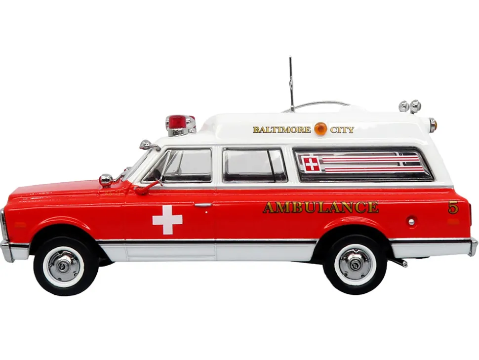 1969 Chevrolet C-10 Ambulance "Baltimore City Fire Department" White and Red "5 Alarm" Series Limited Edition 1/50 Diecast Model by Iconic Replicas