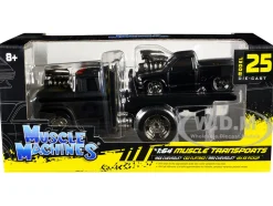 1966 Chevrolet C60 Flatbed Truck Matt Black and 1993 Chevrolet 454 SS Pickup Truck Matt Black "Muscle Transports" Series 1/64 Diecast Models by Muscle Machines