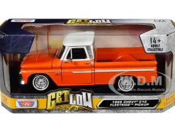 1966 Chevrolet C10 Fleetside Pickup Truck Lowrider Orange Metallic with White Top Get Low Series 1/24 Diecast Model Car Motormax 79034COP