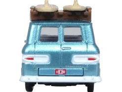 1961 Chevrolet Corvair Greenbrier Passenger Wagon Van Turquoise Metallic and Cameo White with Surfboards on Roof 1/87 (HO) Scale Diecast Model Car by Oxford Diecast