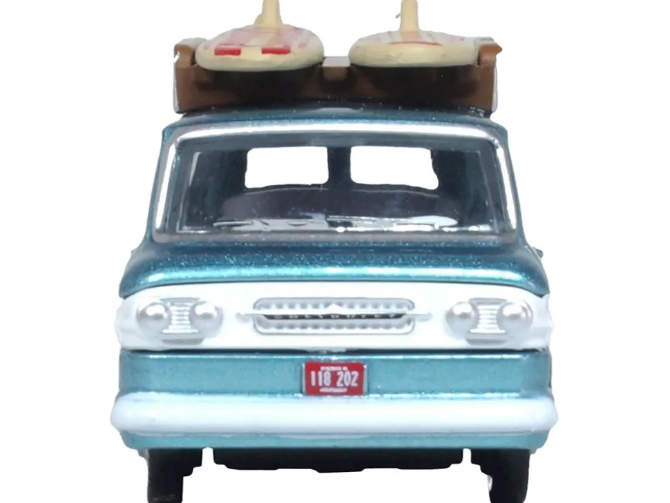 1961 Chevrolet Corvair Greenbrier Passenger Wagon Van Turquoise Metallic and Cameo White with Surfboards on Roof 1/87 (HO) Scale Diecast Model Car by Oxford Diecast