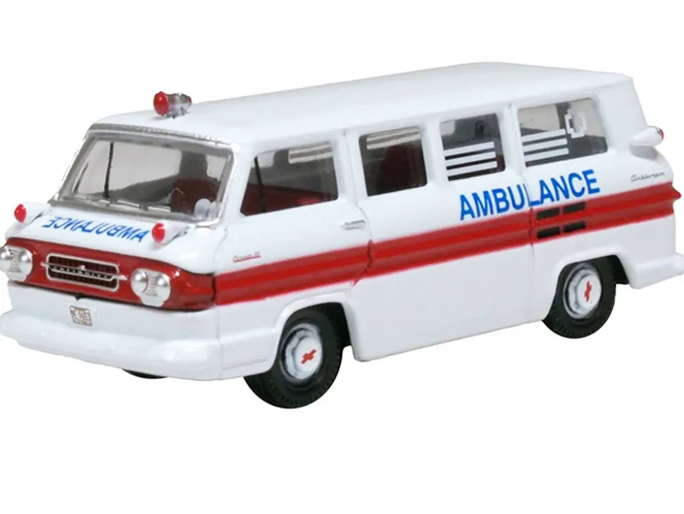 1962 Chevrolet Corvair Greenbrier AmbleWagon Ambulance White with Red Stripes 1/87 (HO) Scale Diecast Model Car by Oxford Diecast
