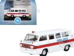 1962 Chevrolet Corvair Greenbrier AmbleWagon Ambulance White with Red Stripes 1/87 (HO) Scale Diecast Model Car by Oxford Diecast