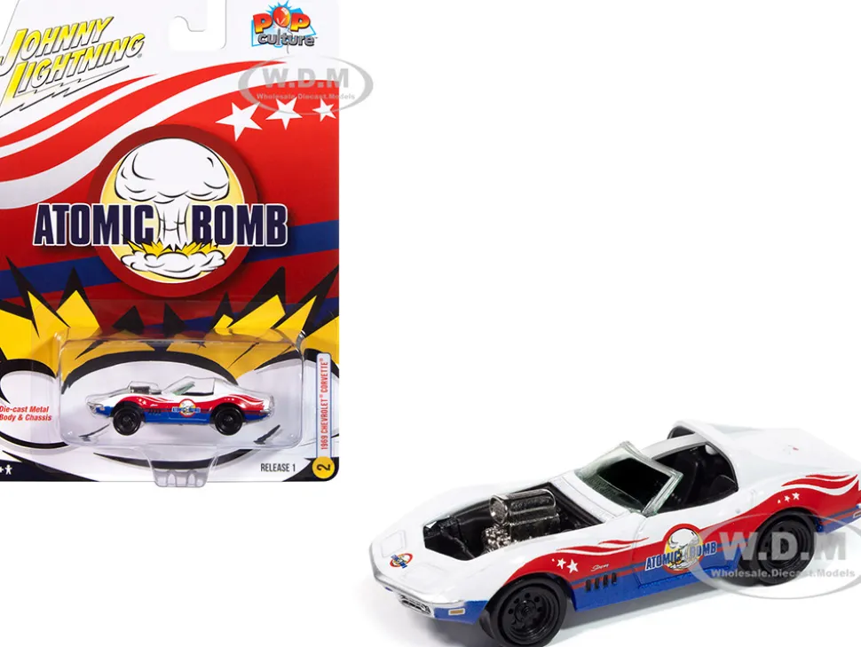 1969 Chevrolet Corvette "Atomic Bomb" White with Red and Blue Graphics "Stuntman Mike's Ride Along Racing" "Pop Culture" 2025 Release 1 1/64 Diecast Model Car by Johnny Lightning