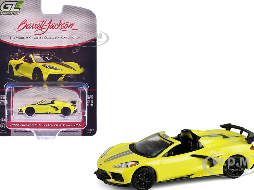 2022 Chevrolet Corvette C8.R Convertible Yellow with Silver Stripes "Barrett-Jackson" Series 15 1/64 Diecast Model Car by Greenlight