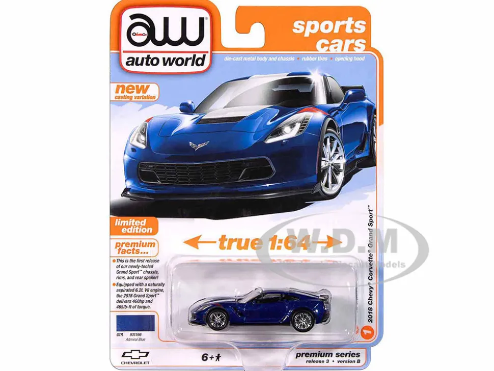 2018 Chevrolet Corvette Grand Sport Admiral Blue with White Stripe "Sports Cars" Series 1/64 Diecast Model Car by Auto World