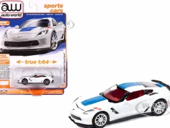 2018 Chevrolet Corvette Grand Sport Arctic White with Blue Stripe and Red Interior "Sports Cars" Series 1/64 Diecast Model Car by Auto World